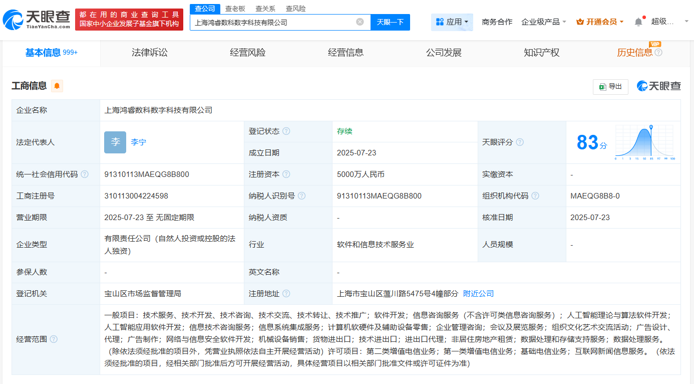 鴻博股份上海布局人工智能新篇章 鴻睿數科正式成立，注冊資本5000萬聚焦AI算法軟件開發